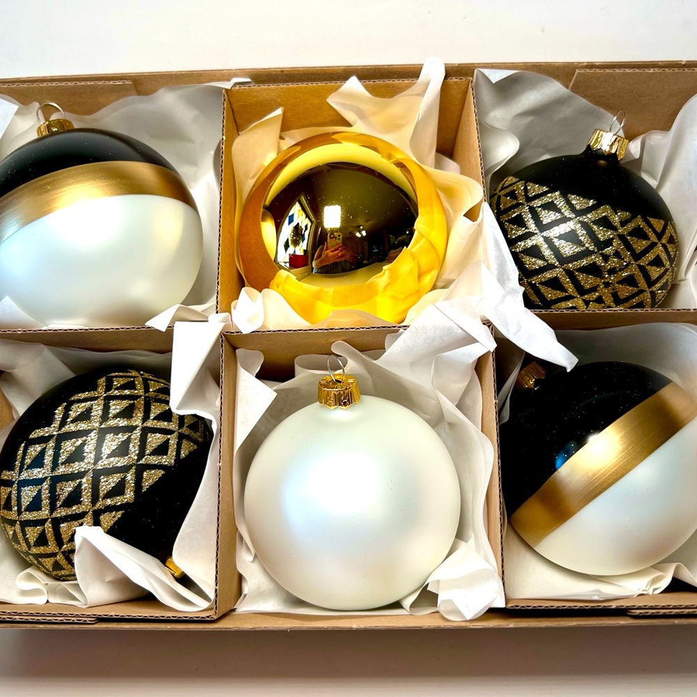 6 Polish Glass Modern Black Gold White Ball Ornaments  Geometric Design Vitbis